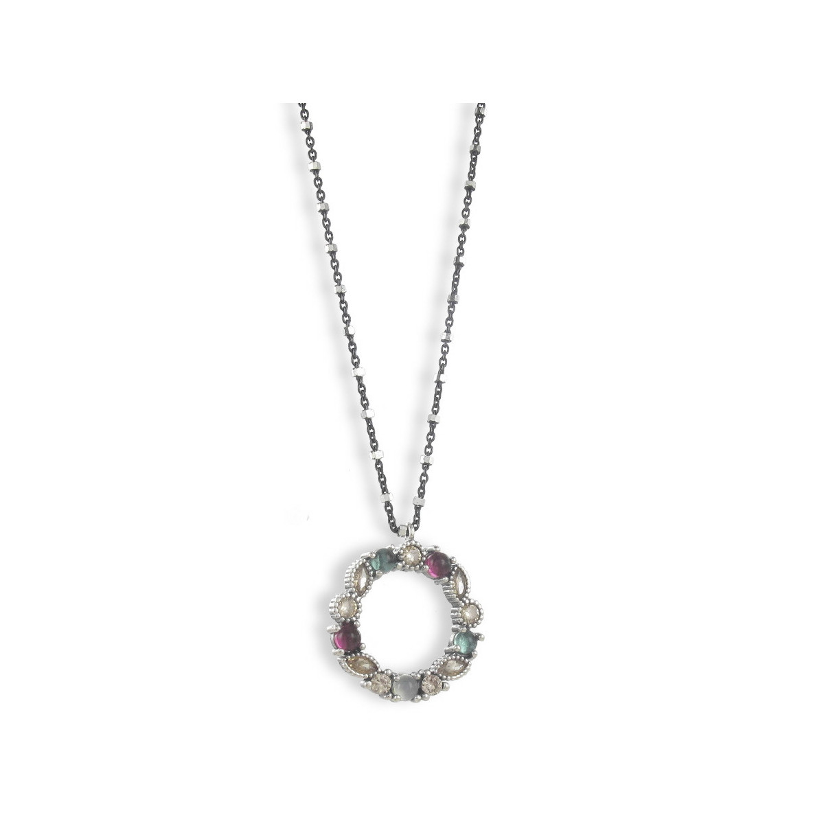 SILVER CHAIN PENDANT HOOP COLORED STONES