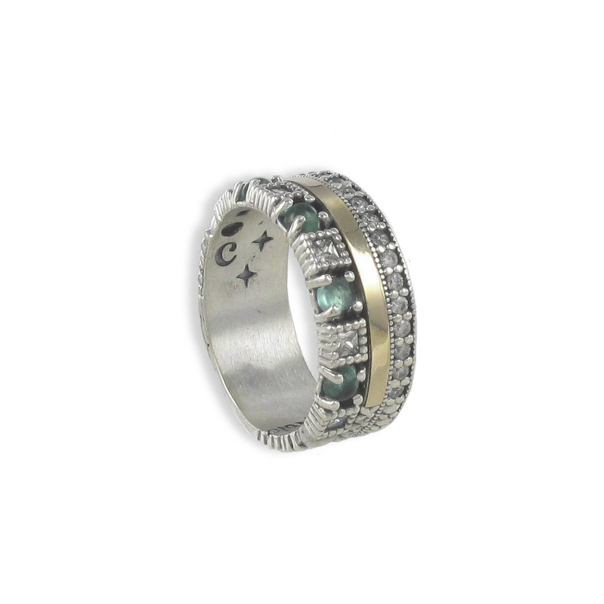 SILVER AND GOLD RING WITH GREEN SPINELS